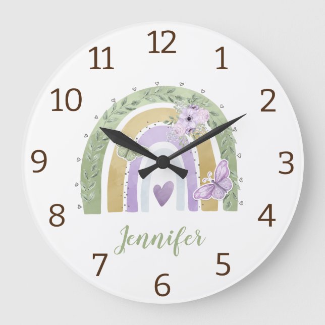 Modern elegant watercolor rainbow personalized cil large clock (Front)