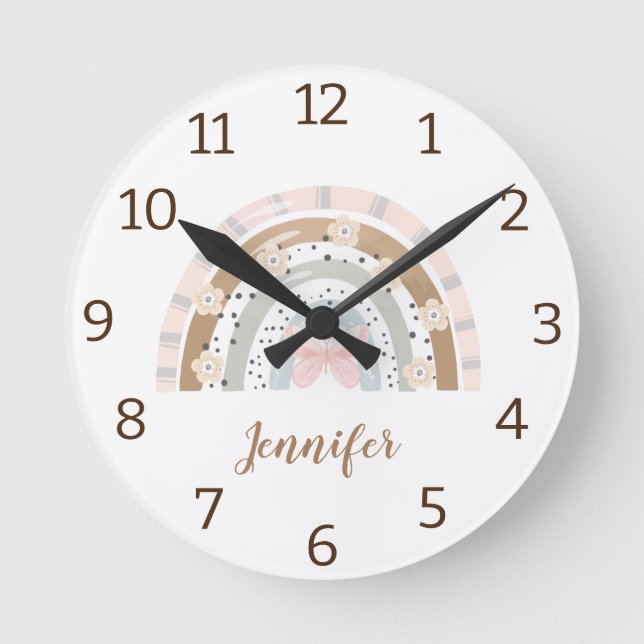 Modern elegant watercolor rainbow personalized cil round clock (Front)