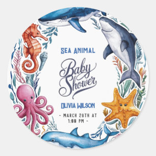 Modern elegant  watercolor Sea animal baby shower3 Classic Round Sticker