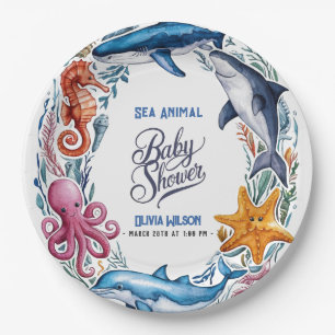 Modern elegant  watercolor Sea animal baby shower3 Paper Plate