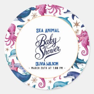 Modern elegant watercolor Sea animal baby shower5 Classic Round Sticker