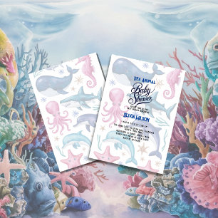 Modern elegant  watercolor Sea animal baby shower7 Invitation