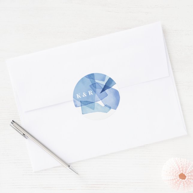 Modern Elegant Watercolor Shapes Wedding Monogram Classic Round Sticker (Envelope)