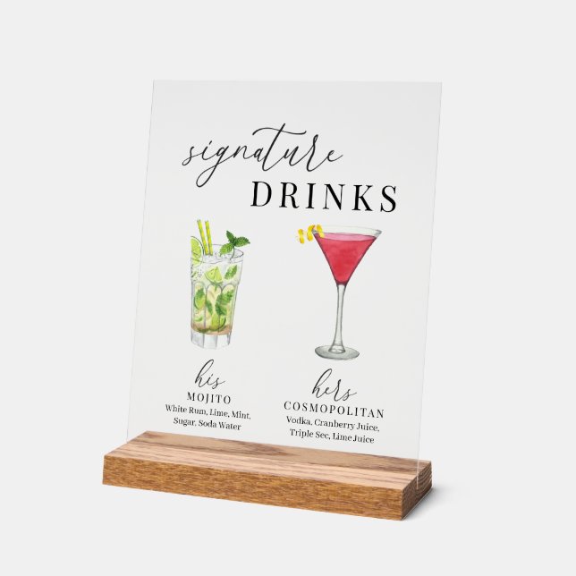 Modern Elegant Watercolor Signature Drinks Acrylic Sign (Angle)