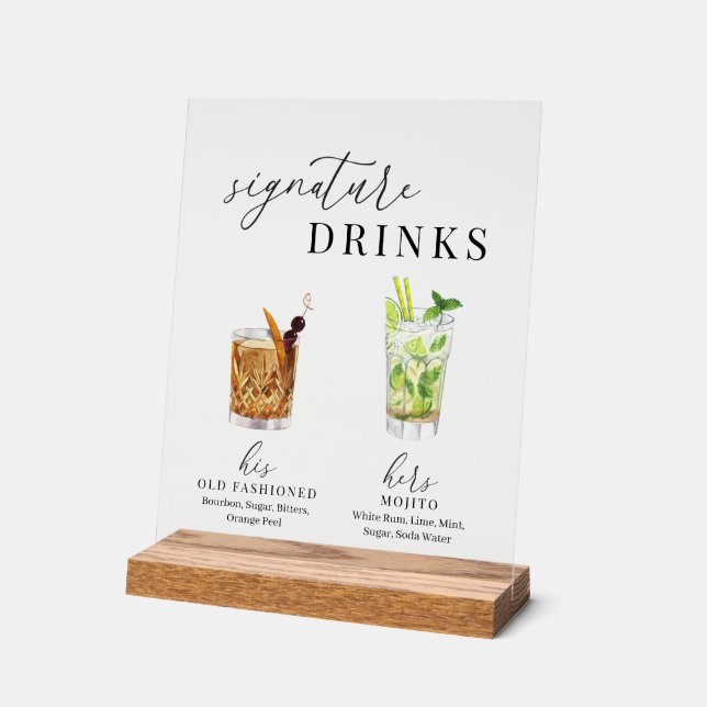 Modern Elegant Watercolor Signature Drinks Acrylic Sign (Angle)