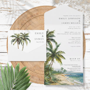 Modern Elegant Watercolor Tropical Beach Wedding All In One Invitation