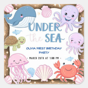 Modern elegant  watercolor under  the Sea birthday Square Sticker