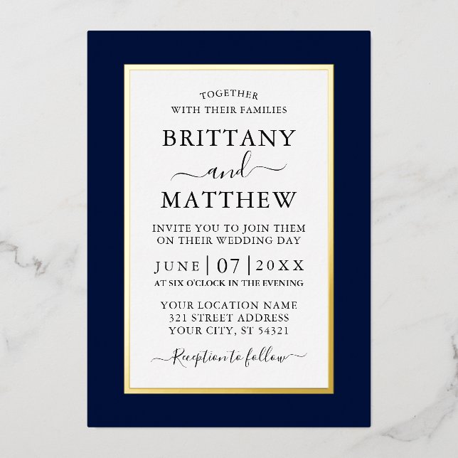 Modern Elegant Wedding Blue Gold (Front)