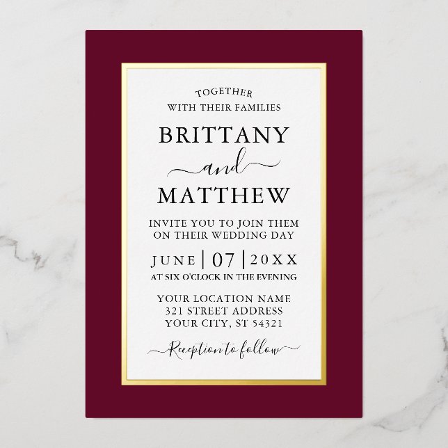 Modern Elegant Wedding Burgundy Gold  (Front)