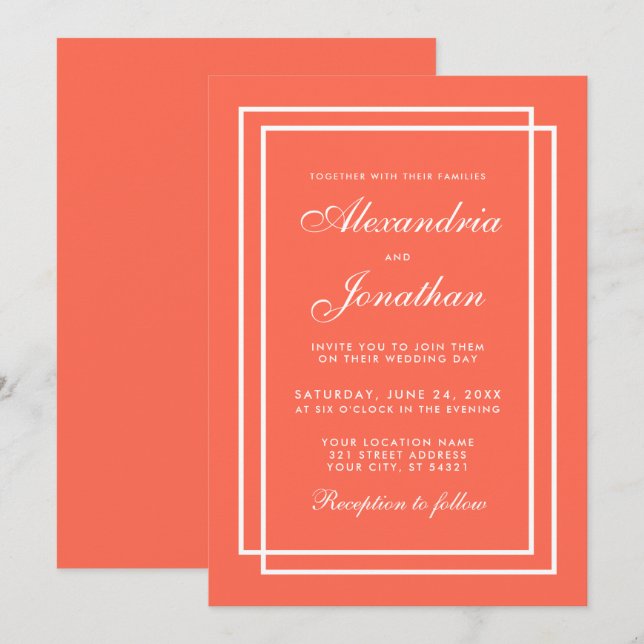 Modern Elegant Wedding Coral and White Frames Invitation (Front/Back)