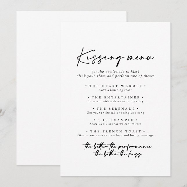 Modern Elegant Wedding Kissing Menu Game Card (Front/Back)
