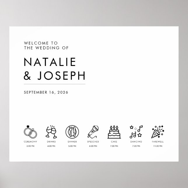 Modern Elegant Wedding Welcome Sign with Timeline (Front)