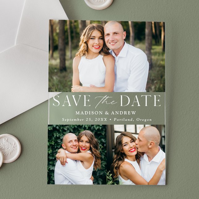 Modern Elegant White 3 Photo Save the Date Acrylic Invitations (Creator Uploaded)