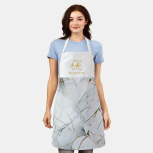 Modern Elegant White and Gold Monogram Name  Apron