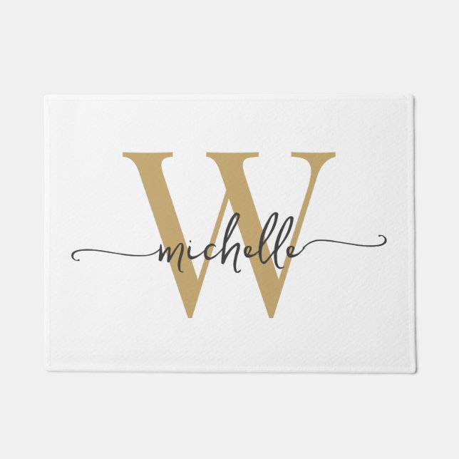 Modern Elegant White and Gold Monogram Name Script Doormat (Front)
