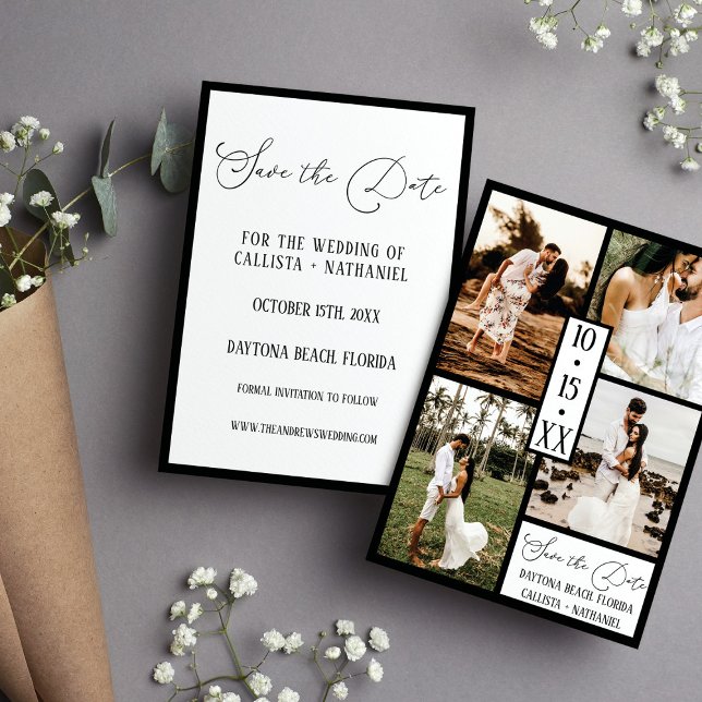 Modern Elegant White Black Four Photo Wedding Save The Date (Creator Uploaded)