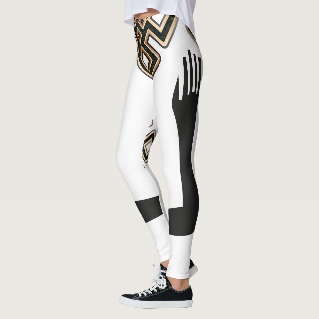  Modern Elegant White Black Gold Artsy Leggings (Left)