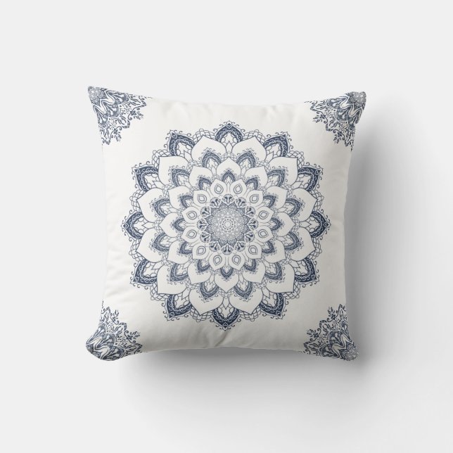 Modern Elegant White Blue Boho Mandala Throw Pillow (Front)
