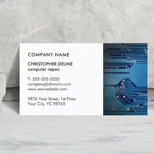 Modern Elegant White Blue Circuit Computer Repair Business Card