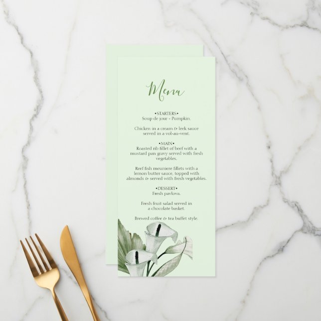 Modern Elegant White Calla Lilies Wedding Menu (Front/Back In Situ)