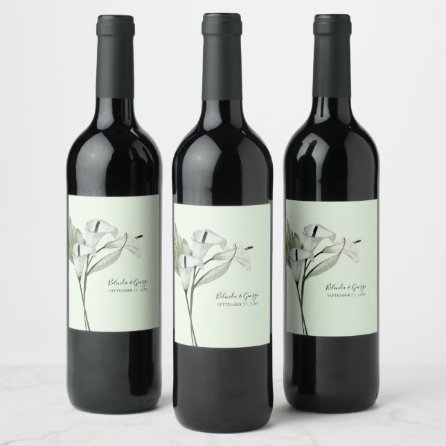 Modern Elegant White Calla Lilies Wedding Wine Label (Bottles)