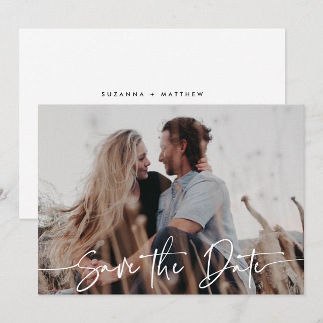Modern Elegant White Calligraphy Overlay Wedding Save The Date (Front/Back)
