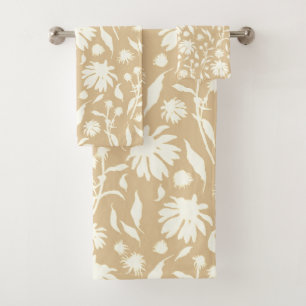 Modern Elegant White Cone Flowers Beige Bath Towel Set