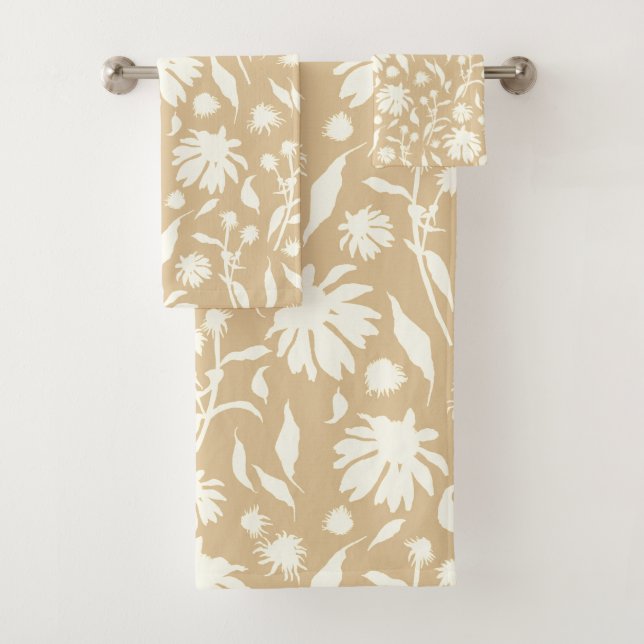 Modern Elegant White Cone Flowers Beige Bath Towel Set (Insitu)