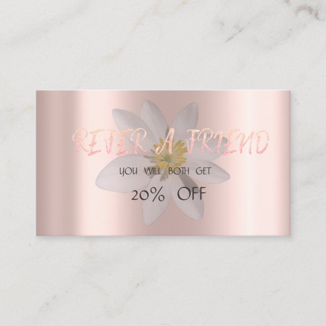 Modern Elegant White Daisy,Rose Gold Referral Card (Front)