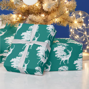 Modern Elegant White Deer Woodland Pine Green  Wrapping Paper