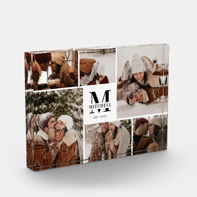 Modern Elegant White Family Photo Collage Keepsake Block (Left)