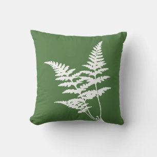 Modern Elegant White Fern on Green Throw Pillow