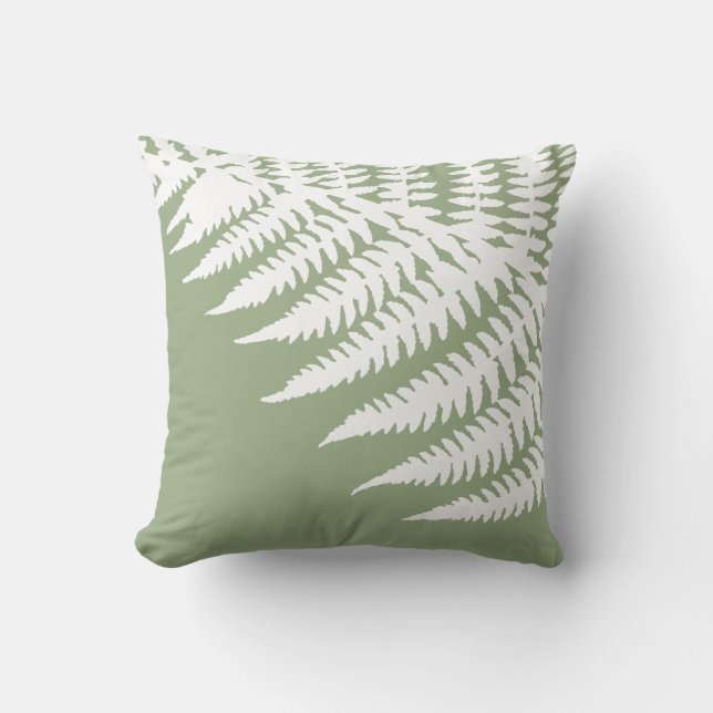 Modern Elegant White Fern Sage Green Throw Pillow (Front)