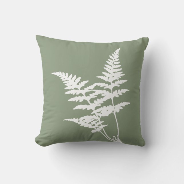 Modern Elegant White Fern Sage Green Throw Pillow (Front)