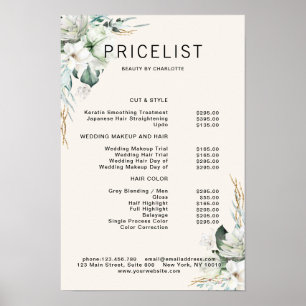 Modern Elegant White Flowers Beige Price List Poster