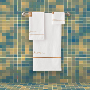 Modern elegant white gold chic monogrammed stripes bath towel set