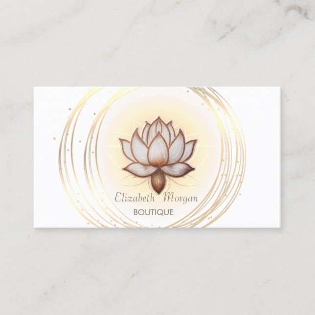 Modern Elegant White ,Gold Circles Brown Lotus Business Card (Front)