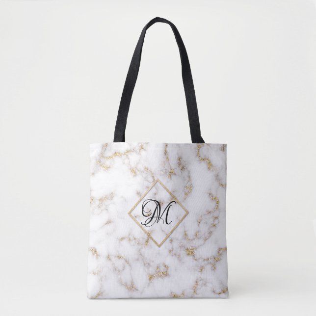 Modern Elegant White Gold Marble Monogram Tote Bag (Front)