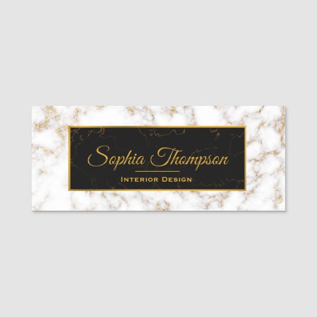 Modern Elegant White Gold Marble Name Name Tag (Front)
