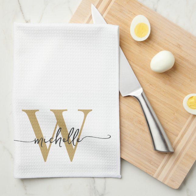 Modern Elegant White Gold Monogram Name Script Kitchen Towel (Quarter Fold)
