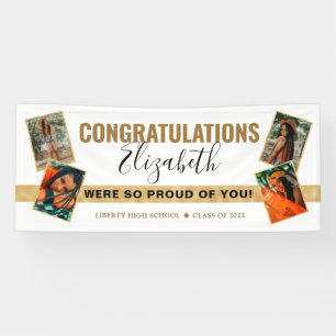 Modern Elegant White Gold Photo Collage Graduation Banner