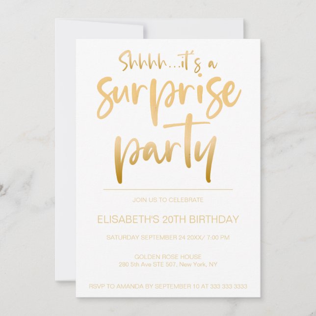 Modern Elegant White Gold Surprise Birthday Party Invitation (Front)