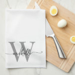 Modern Elegant White Grey Monogram Name Script Kitchen Towel<br><div class="desc">Girly Modern Elegant White and Grey Monogram Initial Name Signature Script Custom Personalized Kitchen Towel. This design featuring your first name in a pretty hand lettered style swash tail font typography (or calligraphy) with monogram initial in grey and black on white. These are easy to customize it. Great stylish feminine...</div>