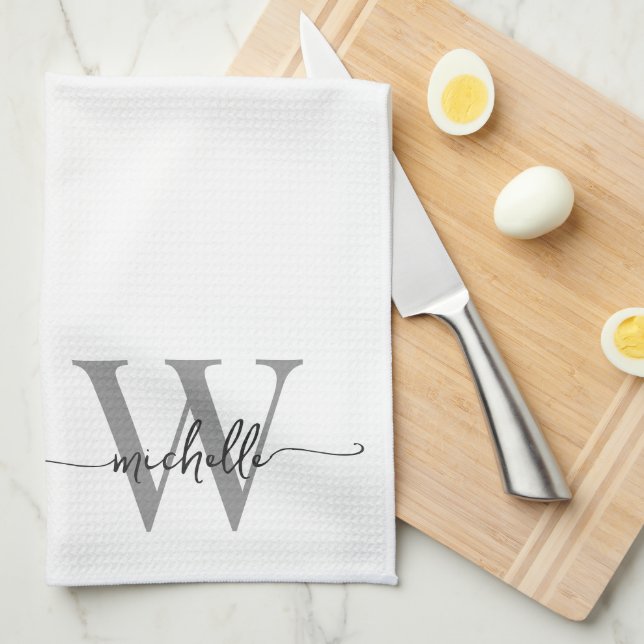 Modern Elegant White Grey Monogram Name Script Kitchen Towel (Quarter Fold)
