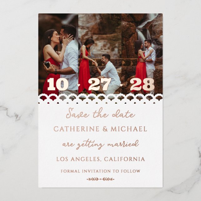 Modern Elegant White Lace Photo Save The Date (Front)