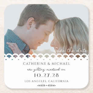 Modern Elegant White Lace Photo Save The Date Square Paper Coaster
