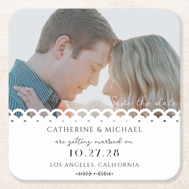 Modern Elegant White Lace Photo Save The Date Square Paper Coaster (Front)