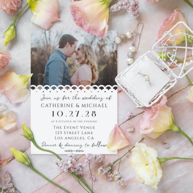 Modern Elegant White Lace Photo Wedding Invitation (Creator Uploaded)