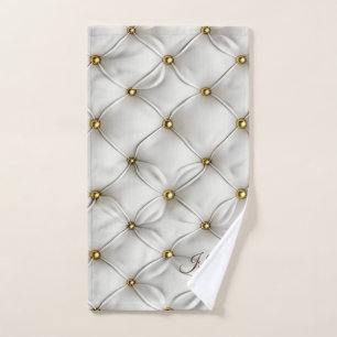 Modern Elegant White Leather Tufted Gold Bath Towel Set