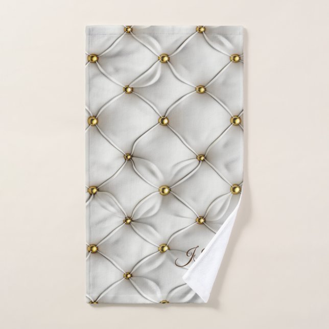Modern Elegant White Leather Tufted Gold Bath Towel Set (Hand Towel)